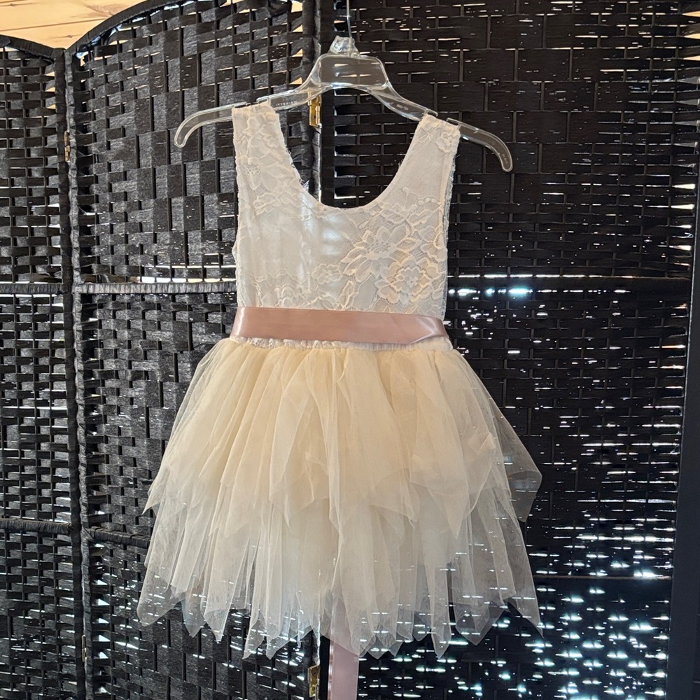 Lace and Tulle Dress with champagne Sash